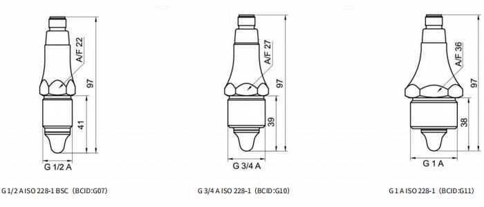G&nbsp;&nbsp;1/2&nbsp;&nbsp;A&nbsp;&nbsp;ISO&nbsp;&nbsp;228‑1&nbsp;&nbsp;BSC（BCID：G07）、G&nbsp;&nbsp;3/4&nbsp;&nbsp;A&nbsp;&nbsp;ISO&nbsp;&nbsp;228‑1（BCID：G10）及G&nbsp;&nbsp;1&nbsp;&nbsp;A&nbsp;&nbsp;ISO&nbsp;&nbsp;228‑1（BCID：G11）的尺寸图