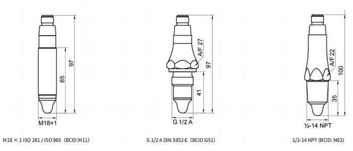M18&nbsp;&nbsp;×&nbsp;&nbsp;1&nbsp;&nbsp;ISO&nbsp;&nbsp;261&nbsp;/&nbsp;&nbsp;ISO&nbsp;&nbsp;965（BCID：M11）、G&nbsp;&nbsp;1/2&nbsp;&nbsp;A&nbsp;&nbsp;DIN&nbsp;&nbsp;3852‑E（BCID：G51）及1/2‑14&nbsp;&nbsp;NPT&nbsp;&nbsp;(BCID:&nbsp;&nbsp;N02)的尺寸图